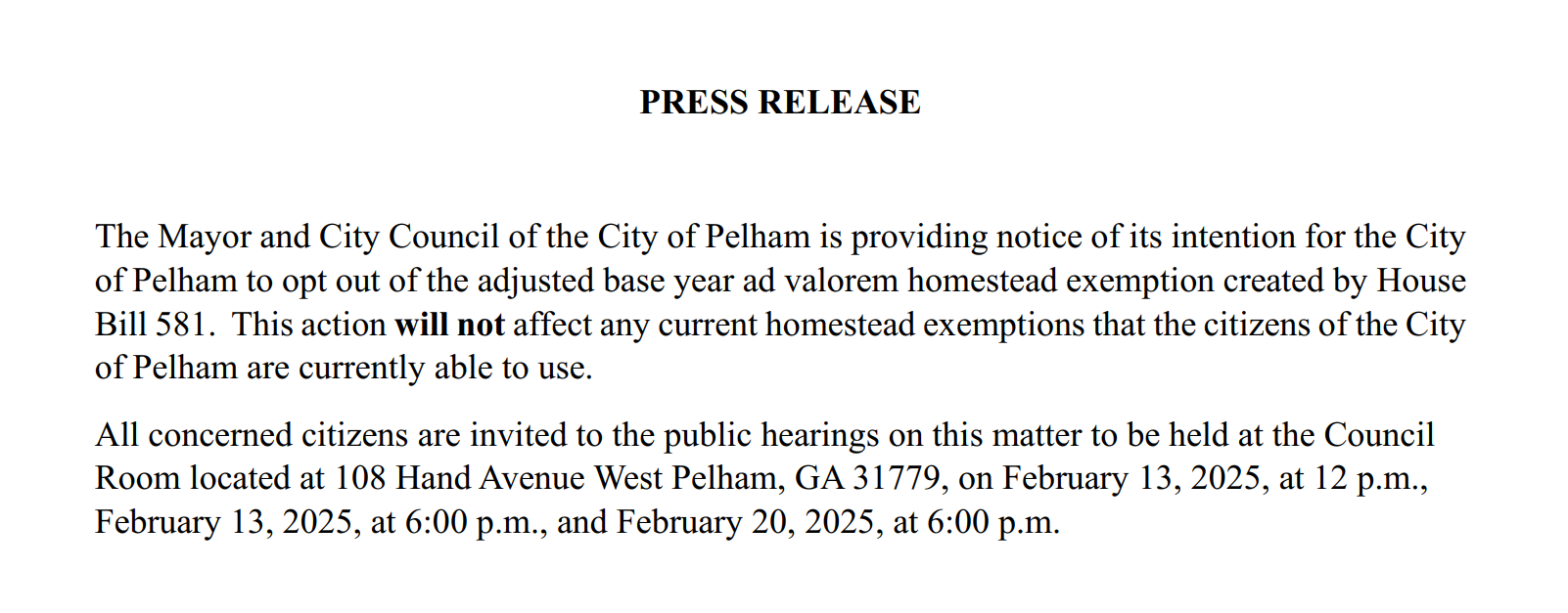 Press Release Public Hearing